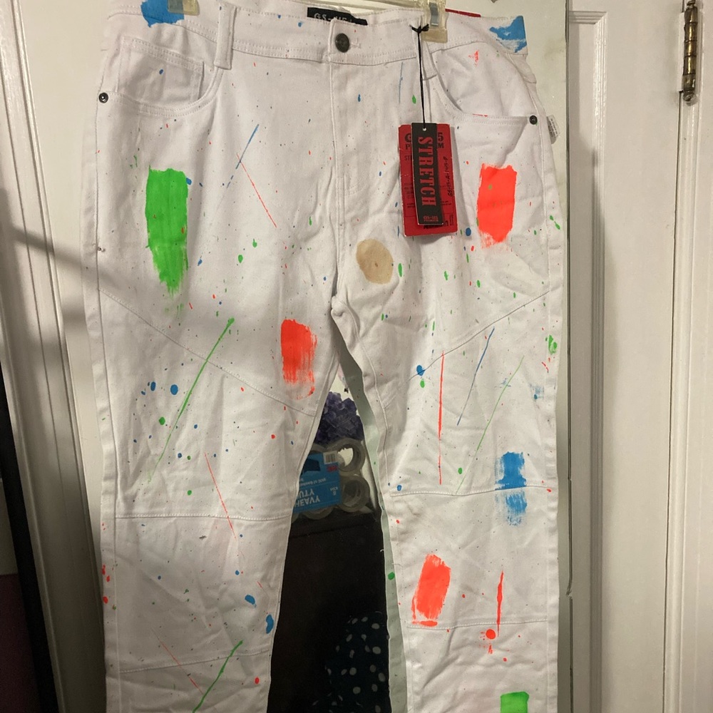 NWT GS-115 Jeans Mens 36 White Premium Stretch Paint Splatter